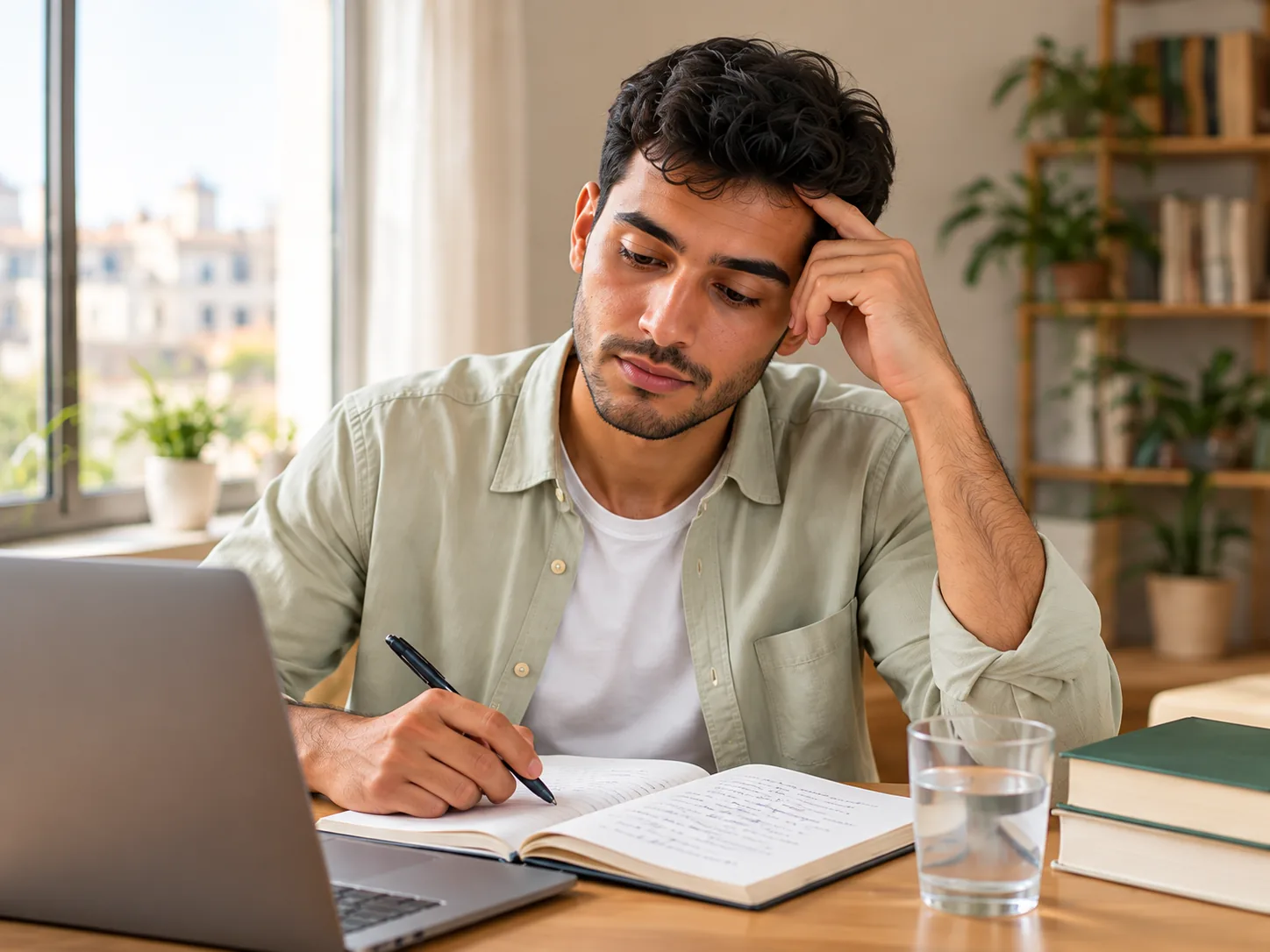 Jeune adulte à son bureau, prenant une pause pendant ses révisions.