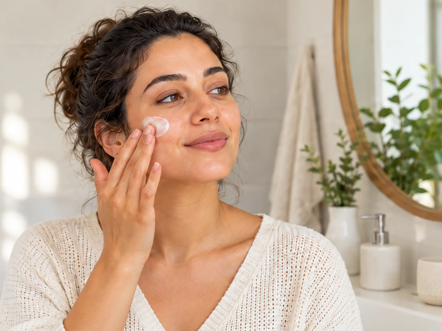 Femme appliquant une crème hydratante sur sa joue.