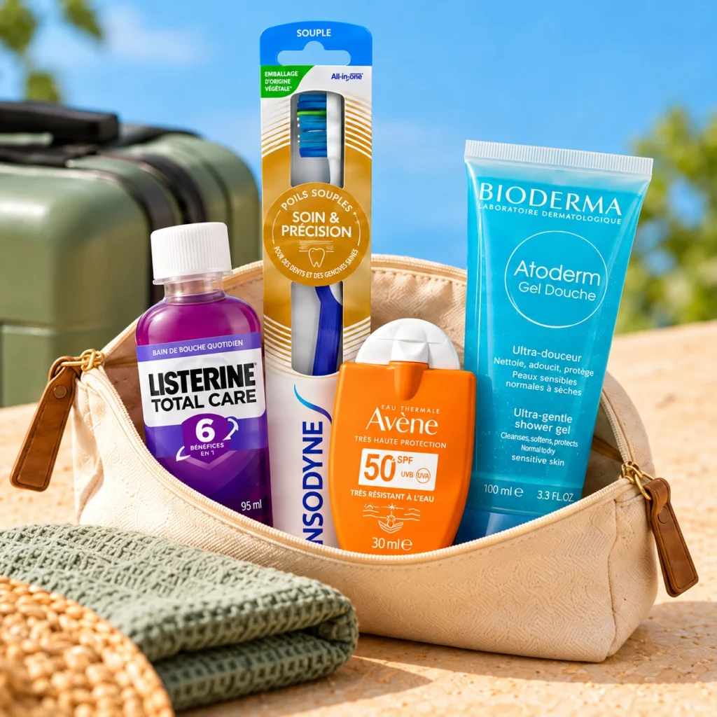 Trousse de voyage avec brosse à dents Sensodyne, Listerine, solaire Avène et gel douche Bioderma