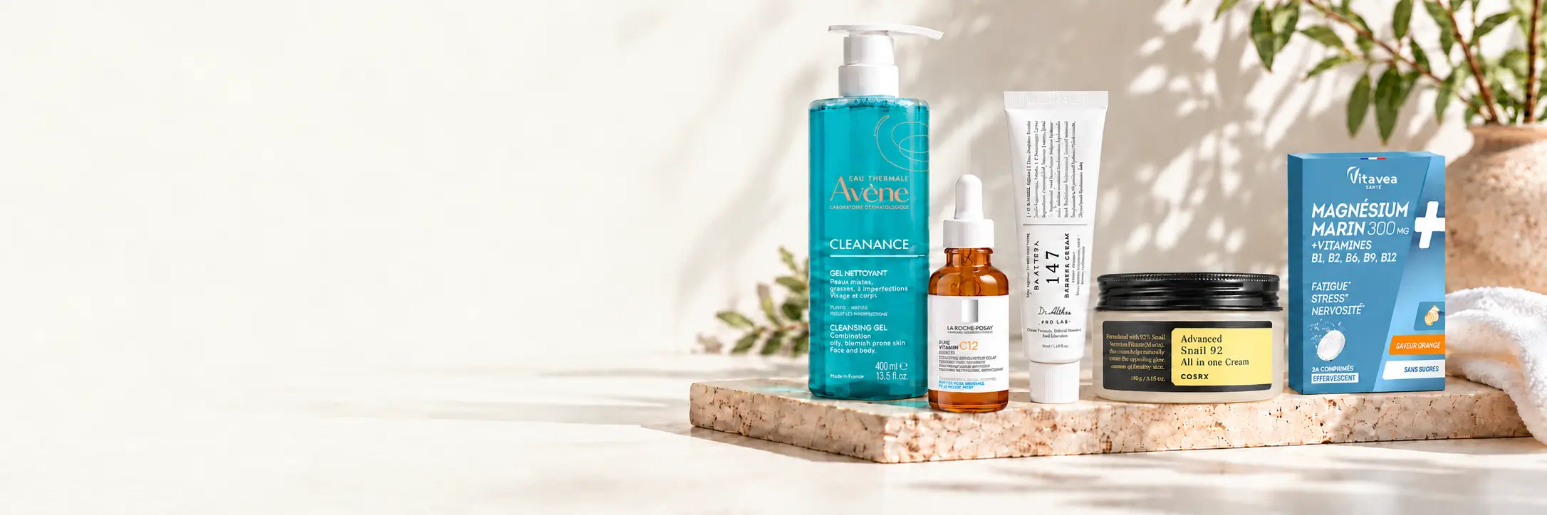 Sélection de soins Avène, La Roche-Posay, Dr. Althea et COSRX, et magnésium Vitavea.