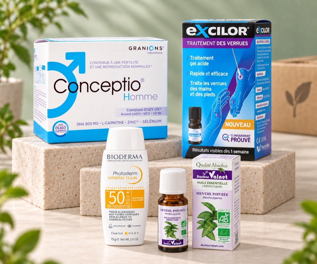 Conceptio Homme, Excilor gel acide, Bioderma Photoderm Minéral SPF50+ et menthe poivrée Docteur Valnet